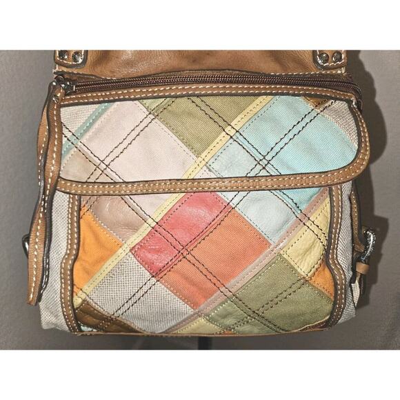 Fossil Patchwork Handbag Bag Leather Canvas Multicolor 10.5x10 - Picture 4 of 13